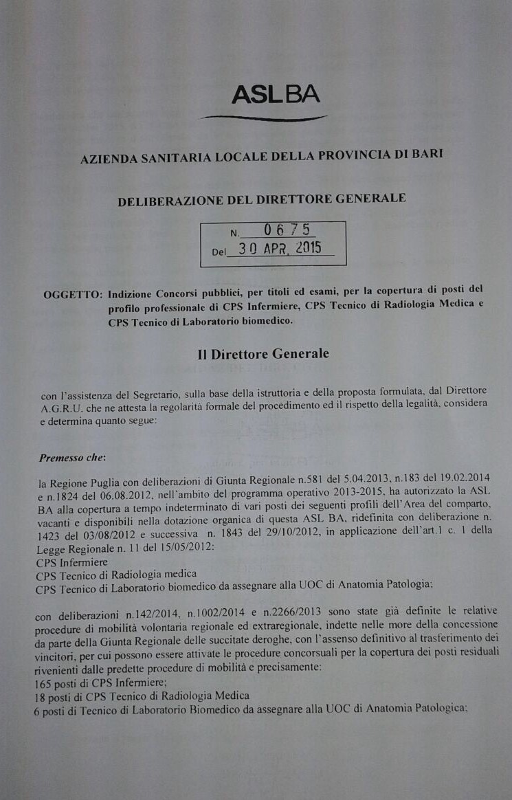 delibera asl Bari concorso infermieri