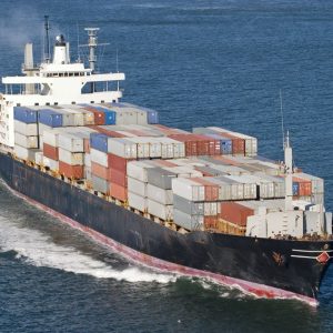 Ship with containers aerial view in San Francisco