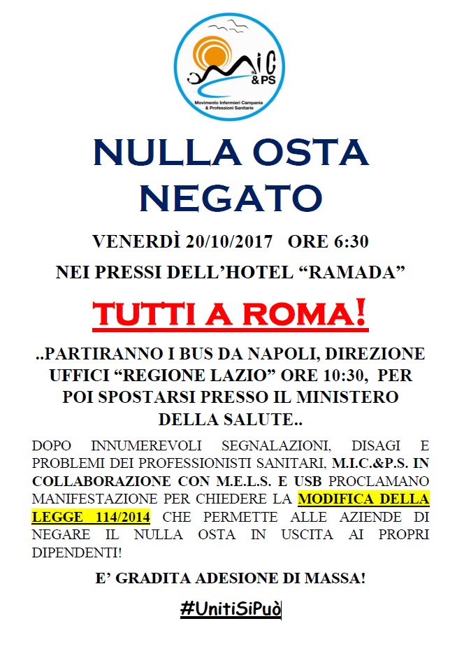 Gli infermieri del M.I.C.&P.S. e M.E.L.S. manifestano a Roma il 20 ottobre contro il "Nulla osta negato"