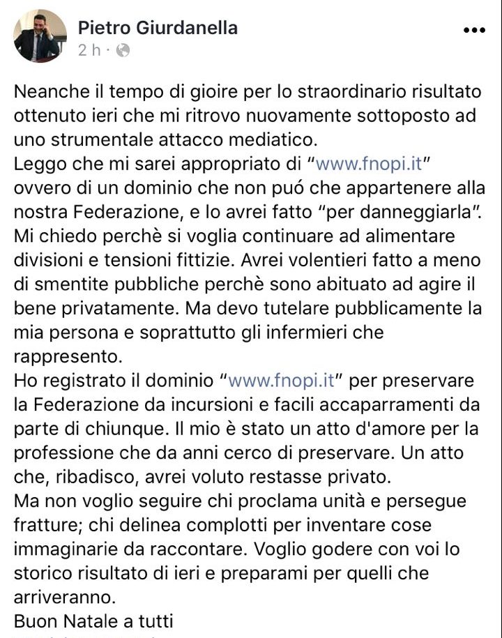 Il Presidente dell’Ordine di Bologna acquista come privato cittadino il dominio della Federazione Nazionale degli Ordini delle Professioni Infermieristiche