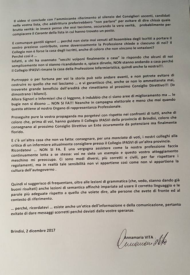 Rinnovo all’Ipasvi Brindisi, lettera aperta della Presidente uscente