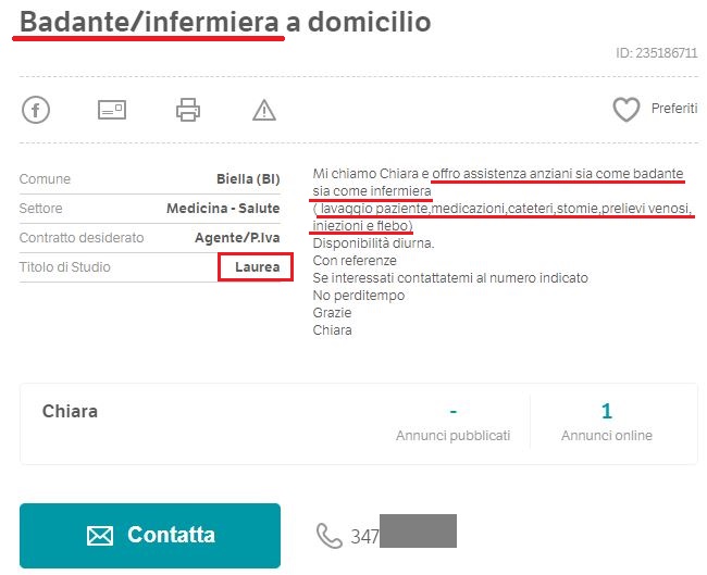 "Infermiera laureata bella presenza offresi come badante o pulizie" 3