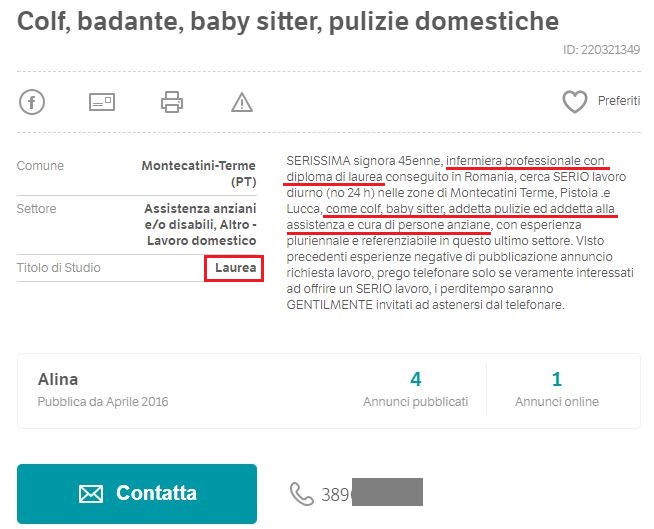 "Infermiera laureata bella presenza offresi come badante o pulizie" 4