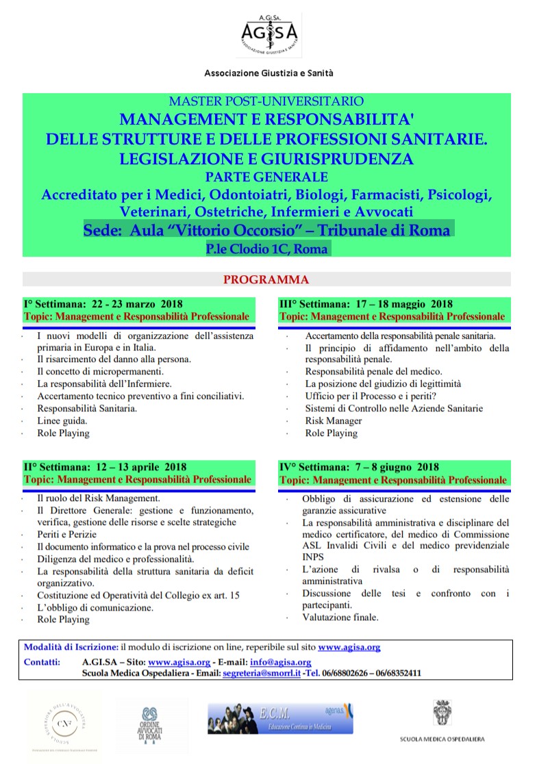 A.Gi.Sa. Master post universitario "Management e Responsabilità delle Strutture e delle Professioni Sanitarie. Legislazione e Giurisprudenza" 