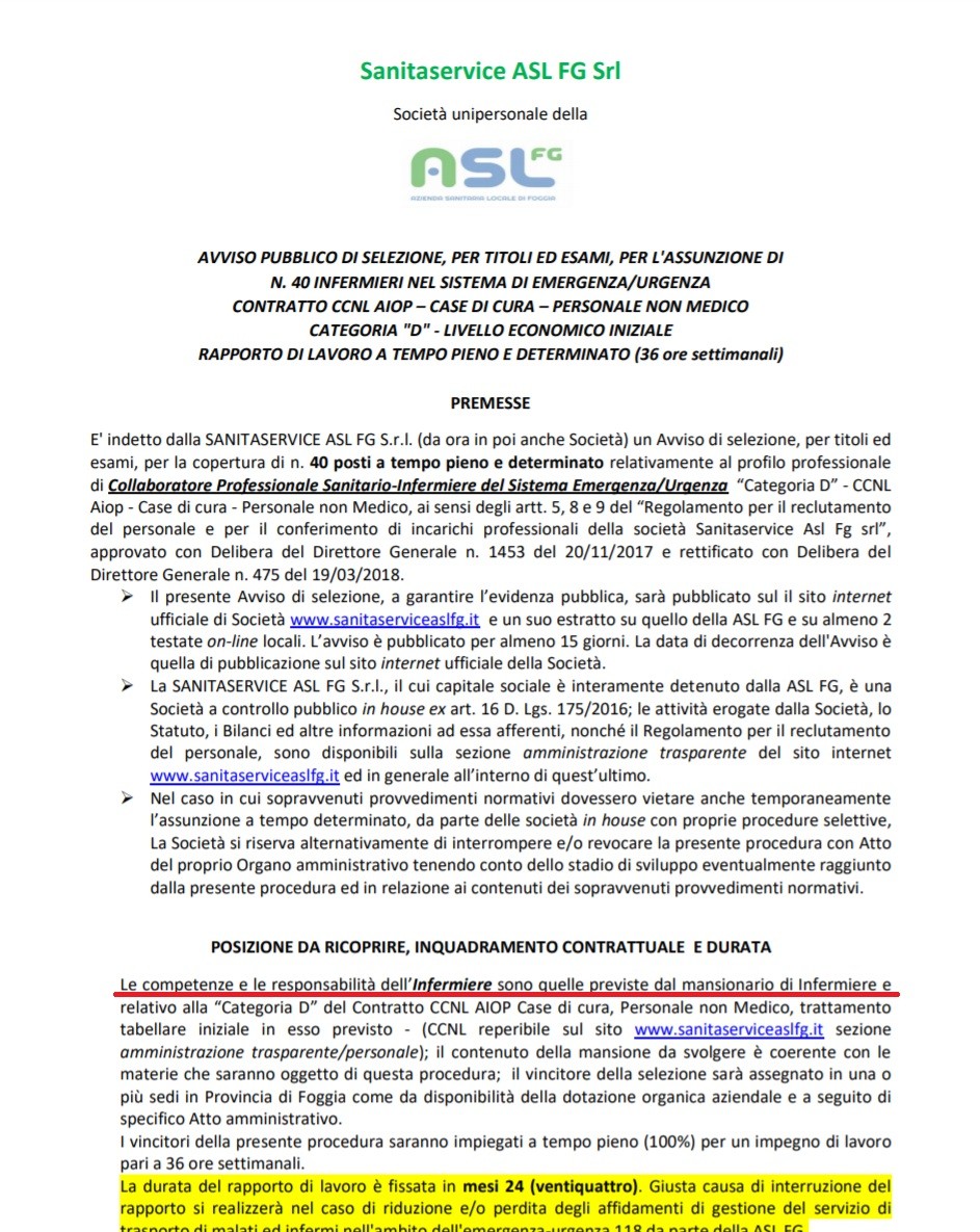 Caos Puglia. Sanitaservice per l'Asl Foggia cerca 40 infermieri con "mansionario" offrendo contratto AIOP