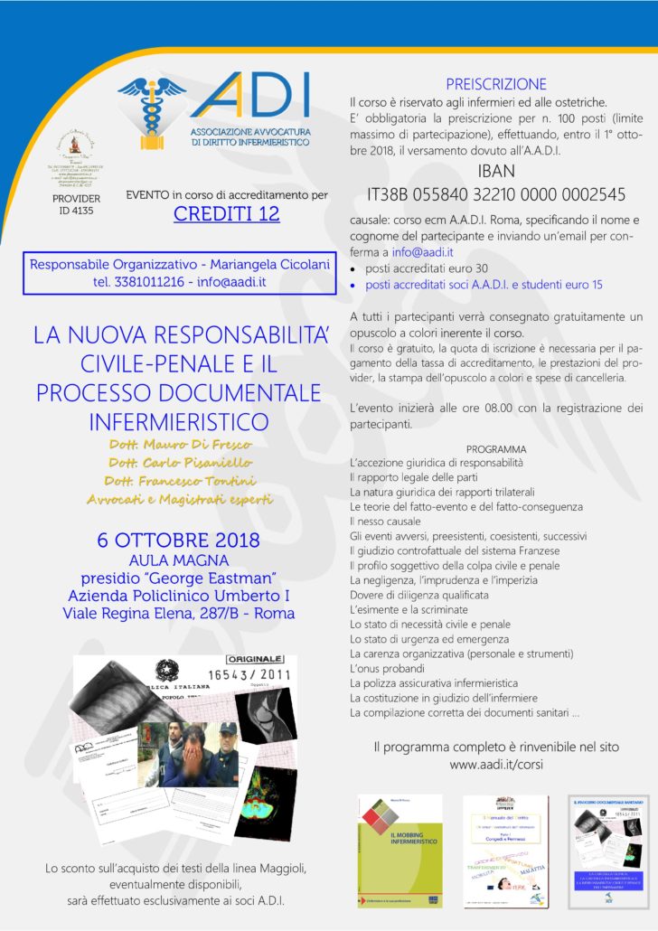 Aadi: evento Ecm sulla responsabilità professionale infermieristica e ostetrica