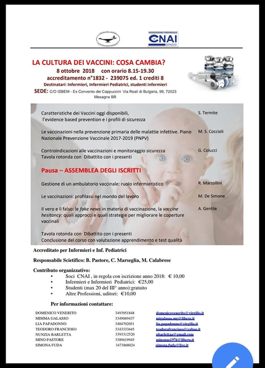 Evento E.C.M. CNAI Brindisi: La cultura dei vaccini: cosa cambia?