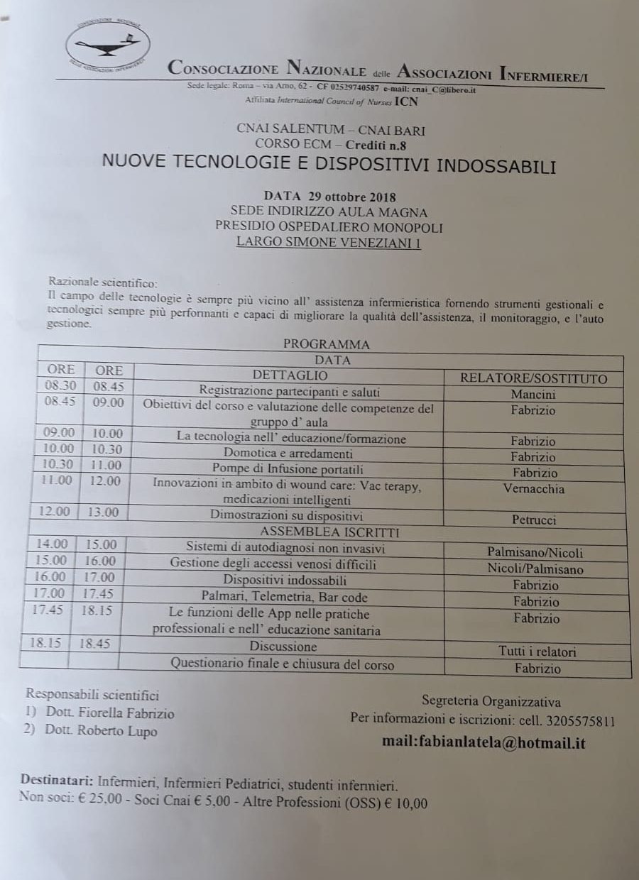 Evento ECM C.N.A.I. Bari e Salentum: Nuove tecnologie e  dispositivi indossabili