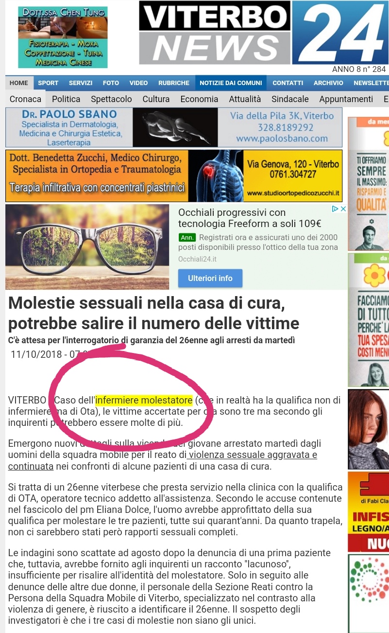 Sbattuto sui giornali come "Infermiere molestatore", in realtà è un OTA 4