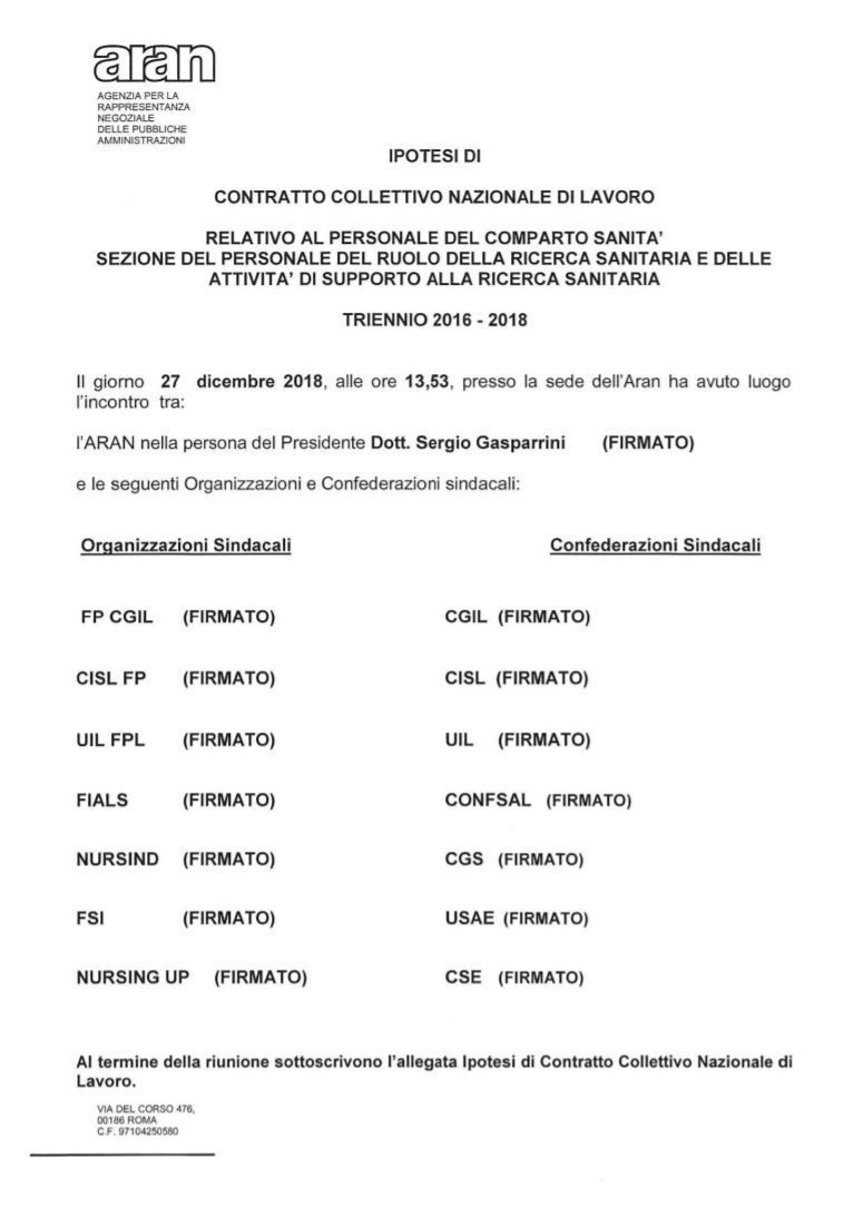 Firmato oggi il contratto per la ricerca nel comparto sanità