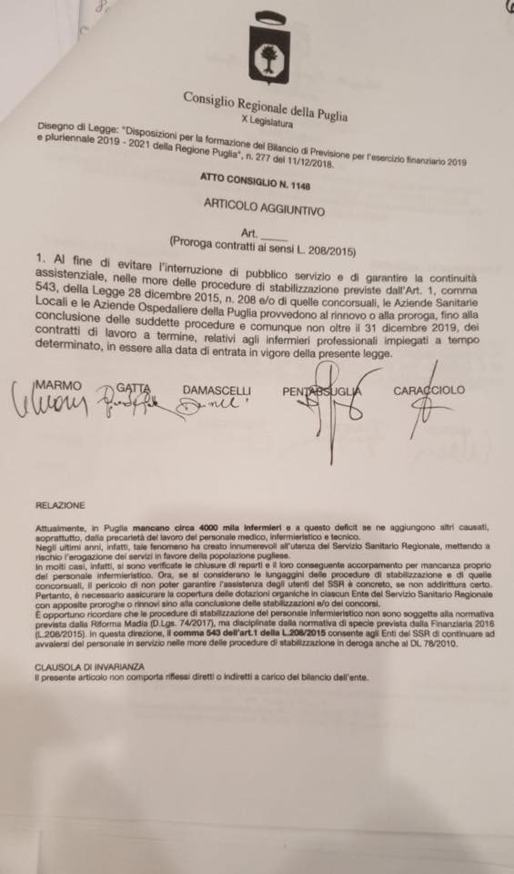 Il valzer dei contratti a tempo determinato degli infermieri pugliesi: presentato emendamento
